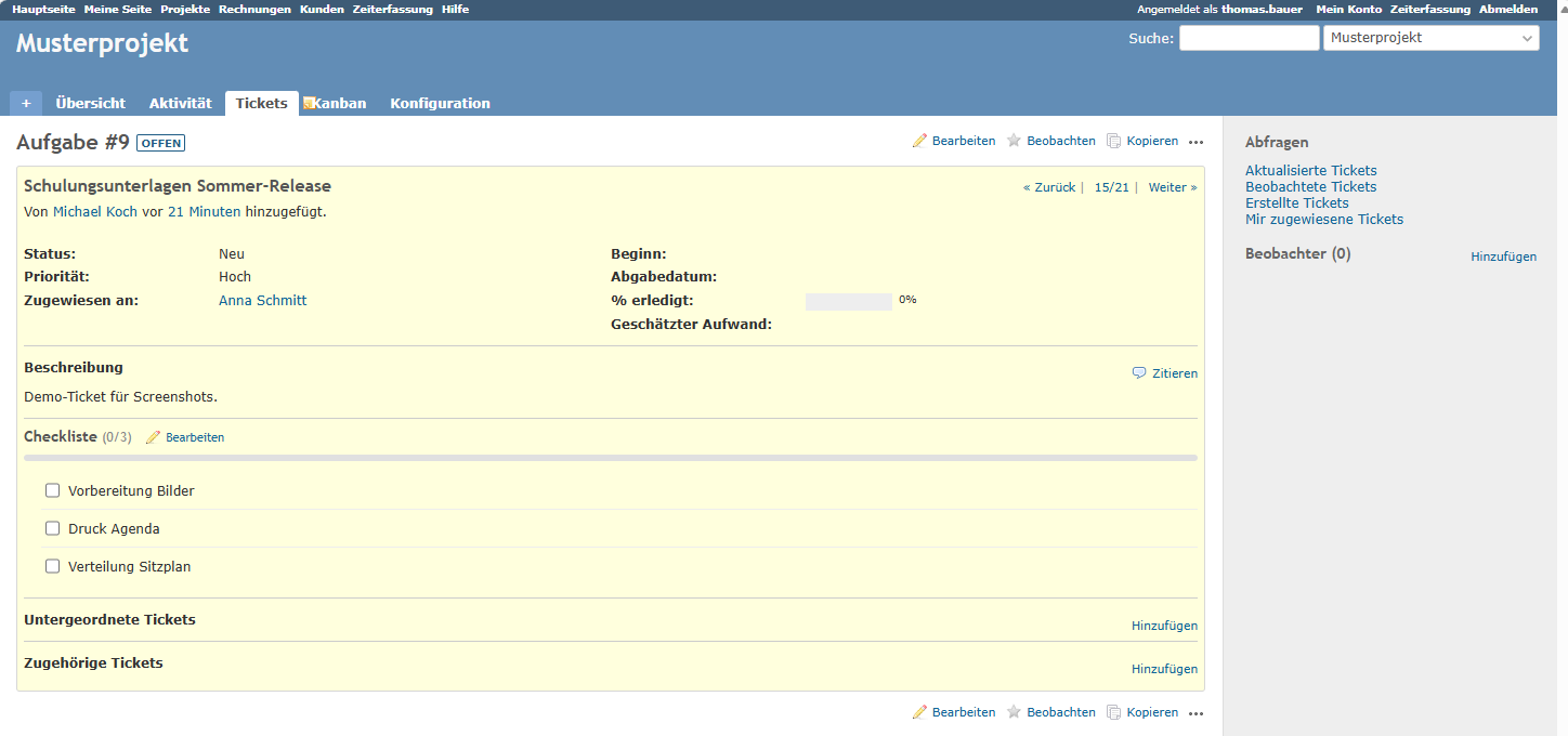 Checkliste in einem Redmine-Ticket mit Fortschrittsanzeige und Einträgen