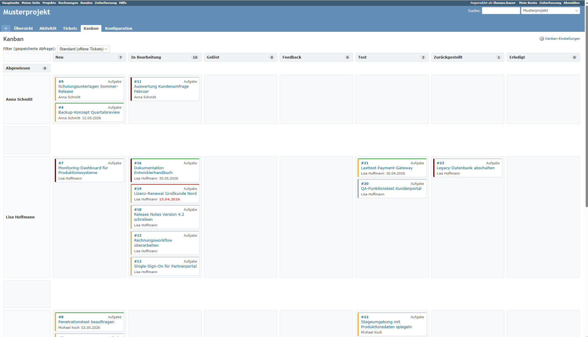 Kanban board view in a sample project with swimlanes grouped by assignee
