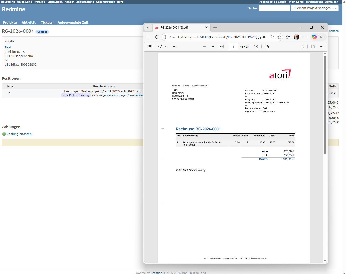 Rechnung im atori-Rechnungstellung-Plugin mit ZUGFeRD-konformem PDF-Ausdruck