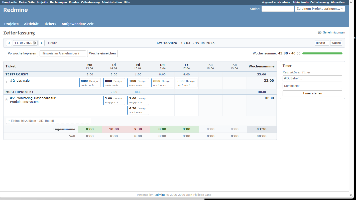 Wochenstundenraster im atori-Zeiterfassungs-Plugin mit Timer und Projektgruppen
